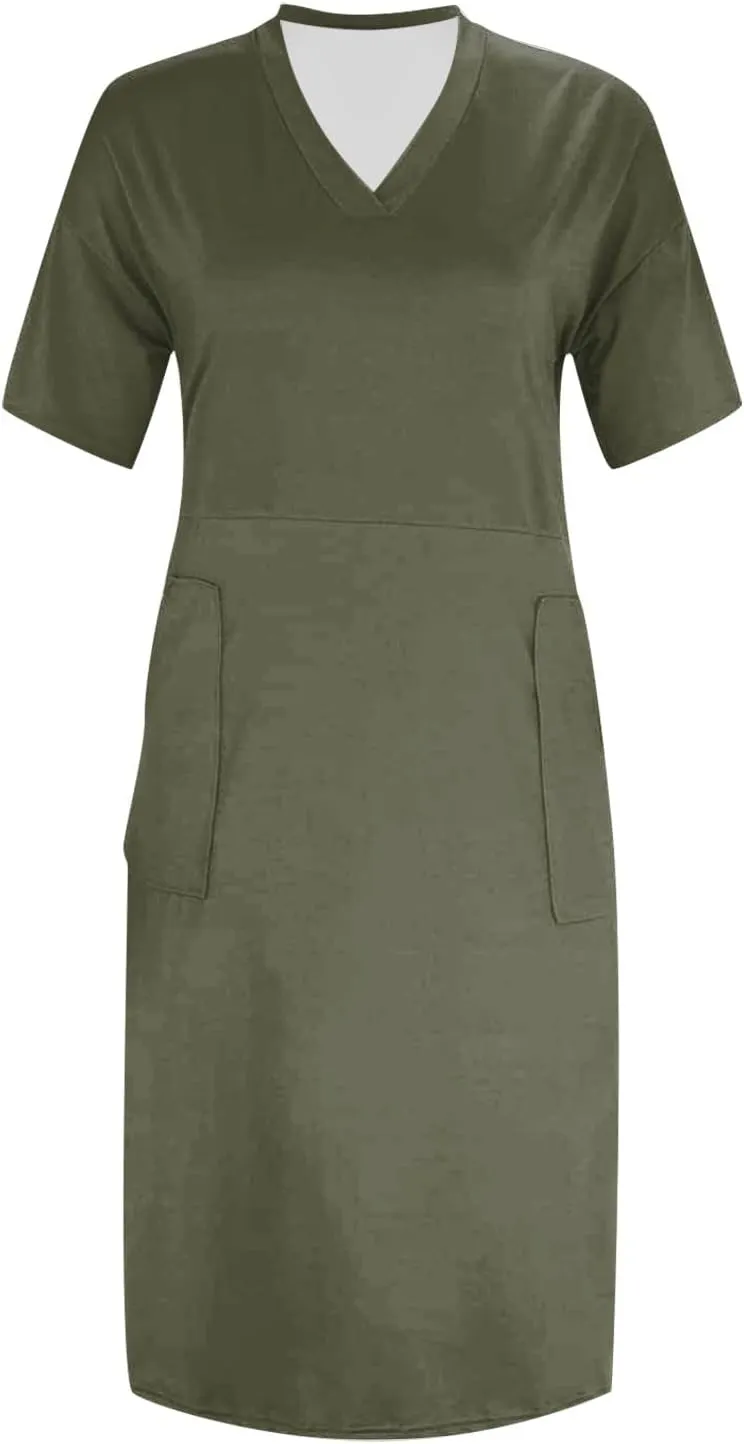 BAXLIMEK Plus Size Dresses for Curvy Women,2025 Spring Summer Casual Loose V Neck Short Sleeve T Shirt Midi Dress with Pocket