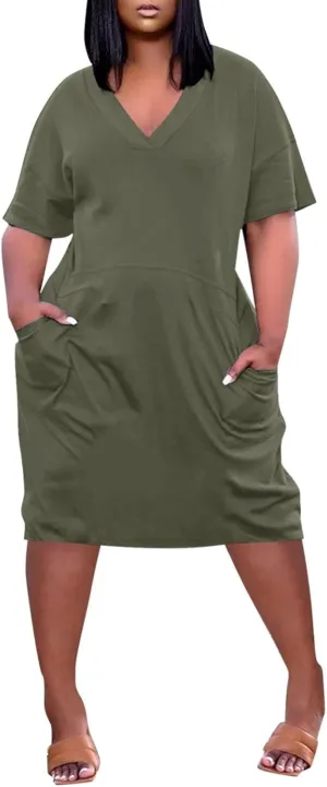 BAXLIMEK Plus Size Dresses for Curvy Women,2025 Spring Summer Casual Loose V Neck Short Sleeve T Shirt Midi Dress with Pocket