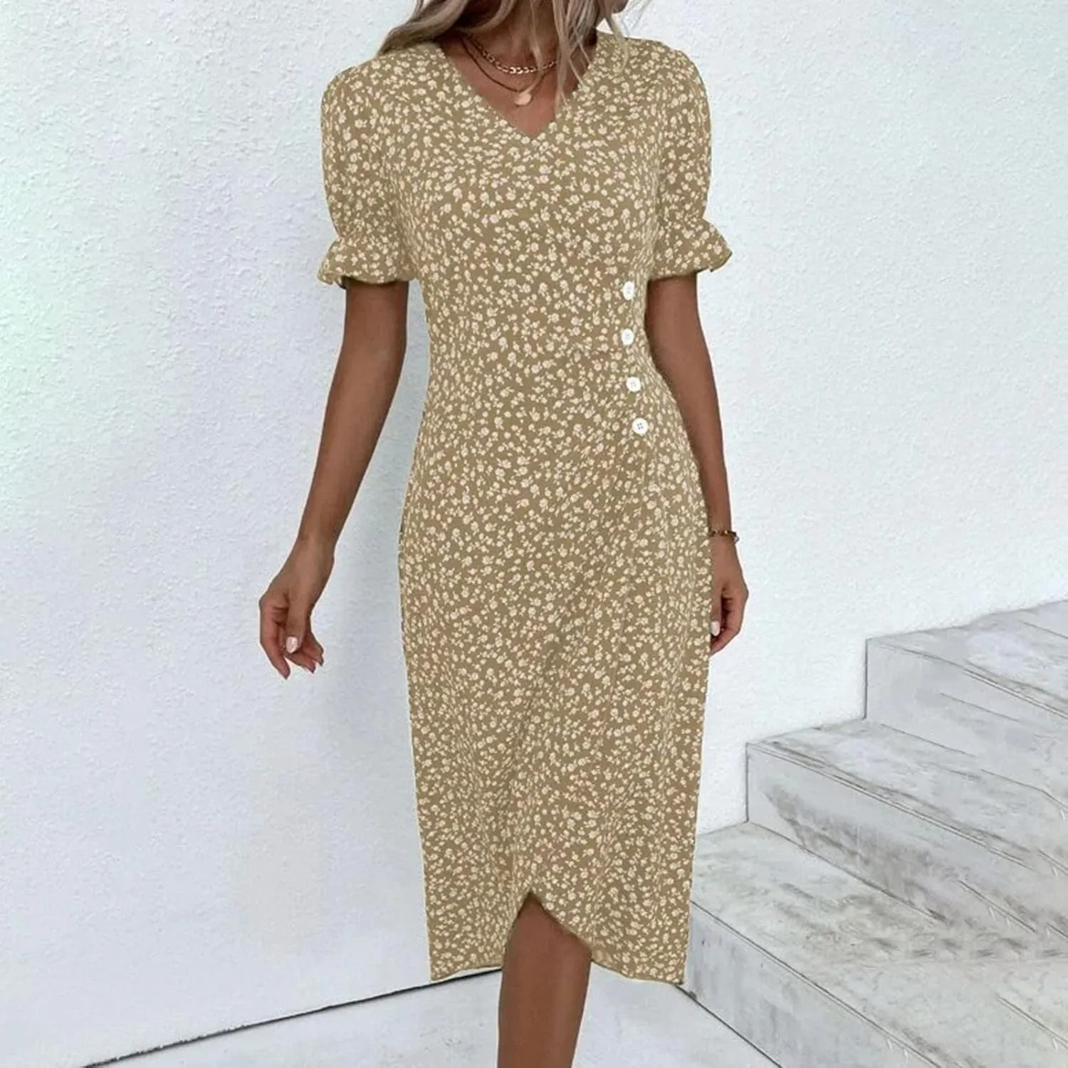 Beach Dresses for Women 2024 Vacation Spring Summer Trendy Elegant V Neck Floral Boho Sundress High-Low Hem Flowy Midi Dress