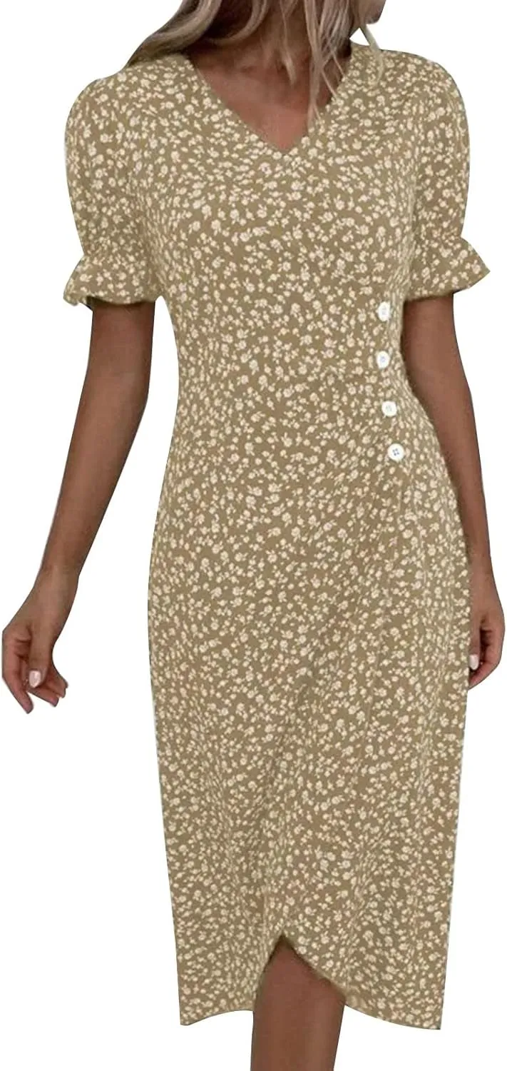 Beach Dresses for Women 2024 Vacation Spring Summer Trendy Elegant V Neck Floral Boho Sundress High-Low Hem Flowy Midi Dress