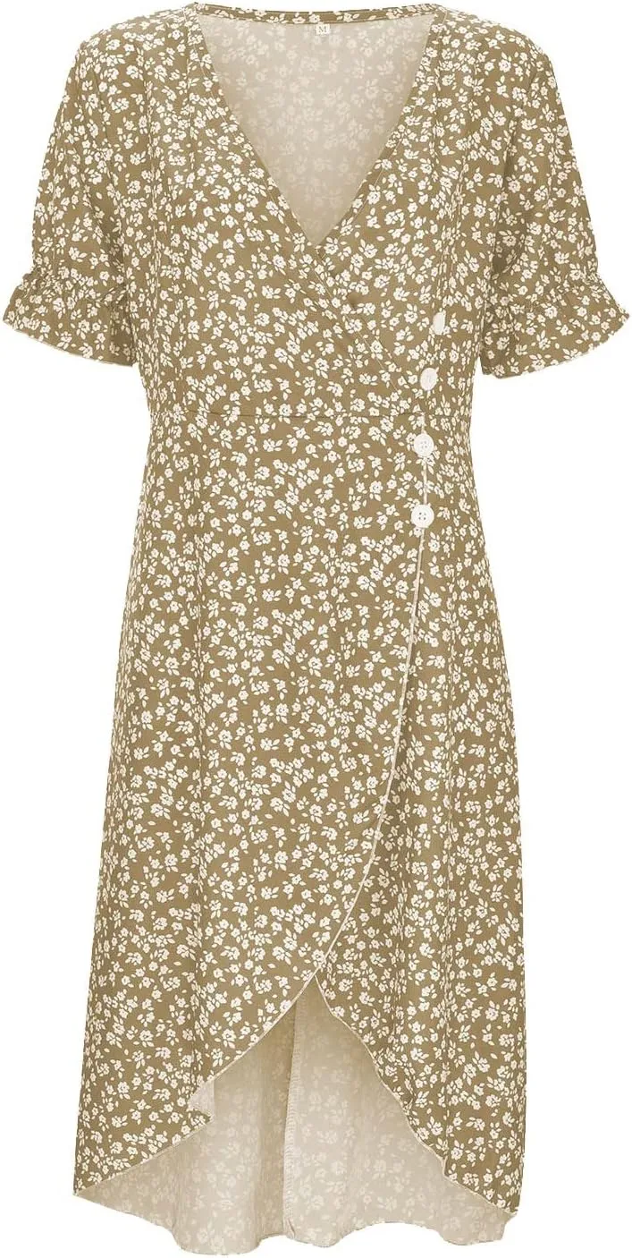 Beach Dresses for Women 2024 Vacation Spring Summer Trendy Elegant V Neck Floral Boho Sundress High-Low Hem Flowy Midi Dress