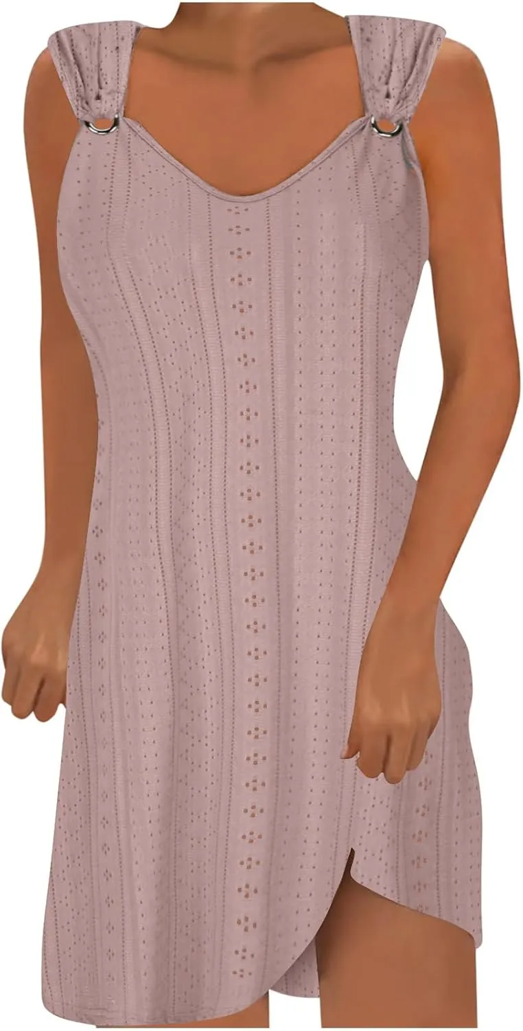 Beach Dresses for Women 2025 Summer Eyelet Embroidery Coverup Sundress Casual O-Ring Sleeveless V Neck Mini Dress