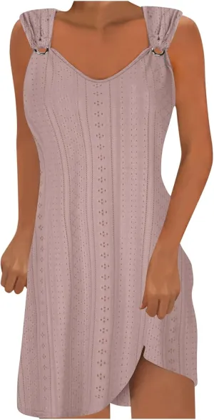 Beach Dresses for Women 2025 Summer Eyelet Embroidery Coverup Sundress Casual O-Ring Sleeveless V Neck Mini Dress