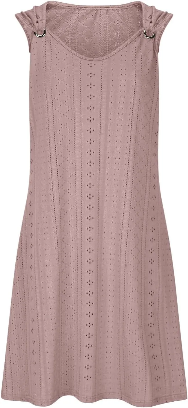 Beach Dresses for Women 2025 Summer Eyelet Embroidery Coverup Sundress Casual O-Ring Sleeveless V Neck Mini Dress