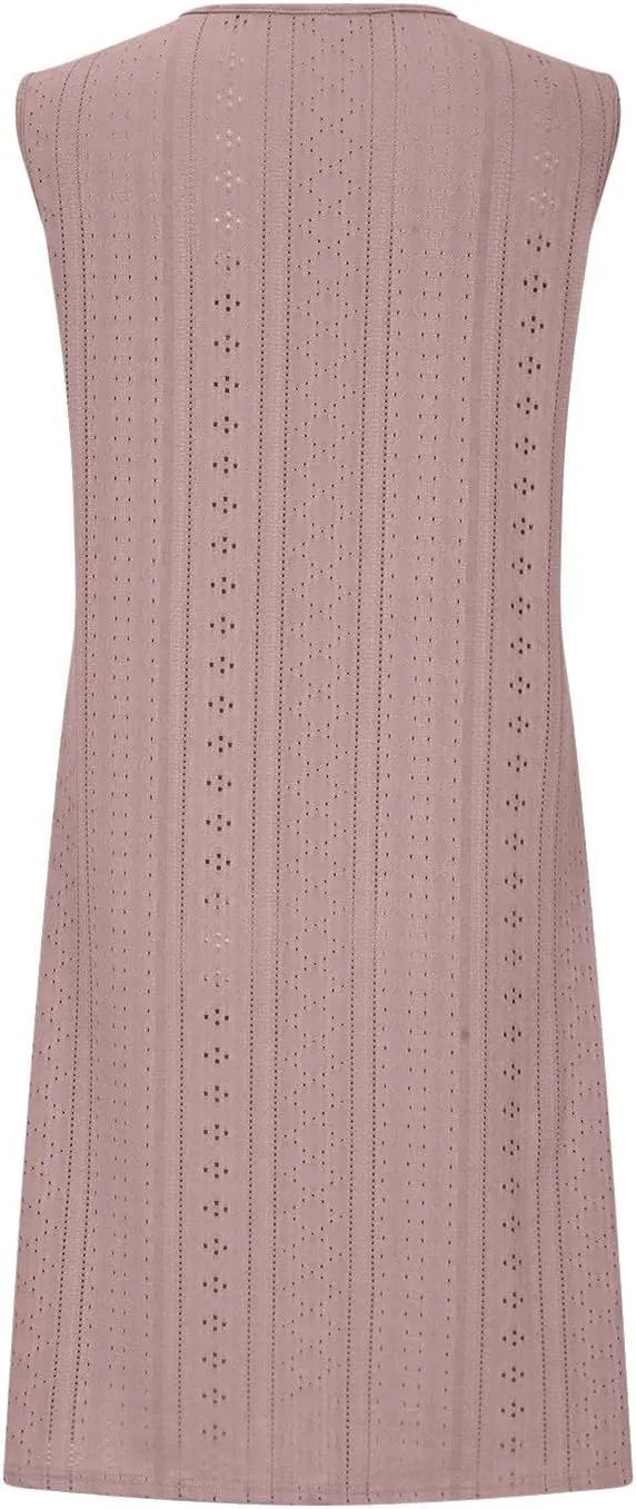 Beach Dresses for Women 2025 Summer Eyelet Embroidery Coverup Sundress Casual O-Ring Sleeveless V Neck Mini Dress