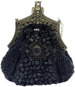 Beaded Evening Clutch, Removable Strap, Kiss Lock Purse, Black