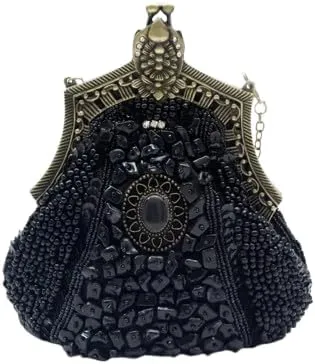 Beaded Evening Clutch, Removable Strap, Kiss Lock Purse, Black