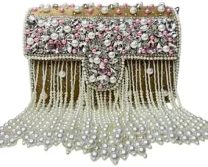 Beaded Pearl & Moti Work Clutch Purse for Women  Handmade Crystal Fringe Evening Bag  Pink & Silver Bridal Handbag for Weddings, Parties & Special Occasions