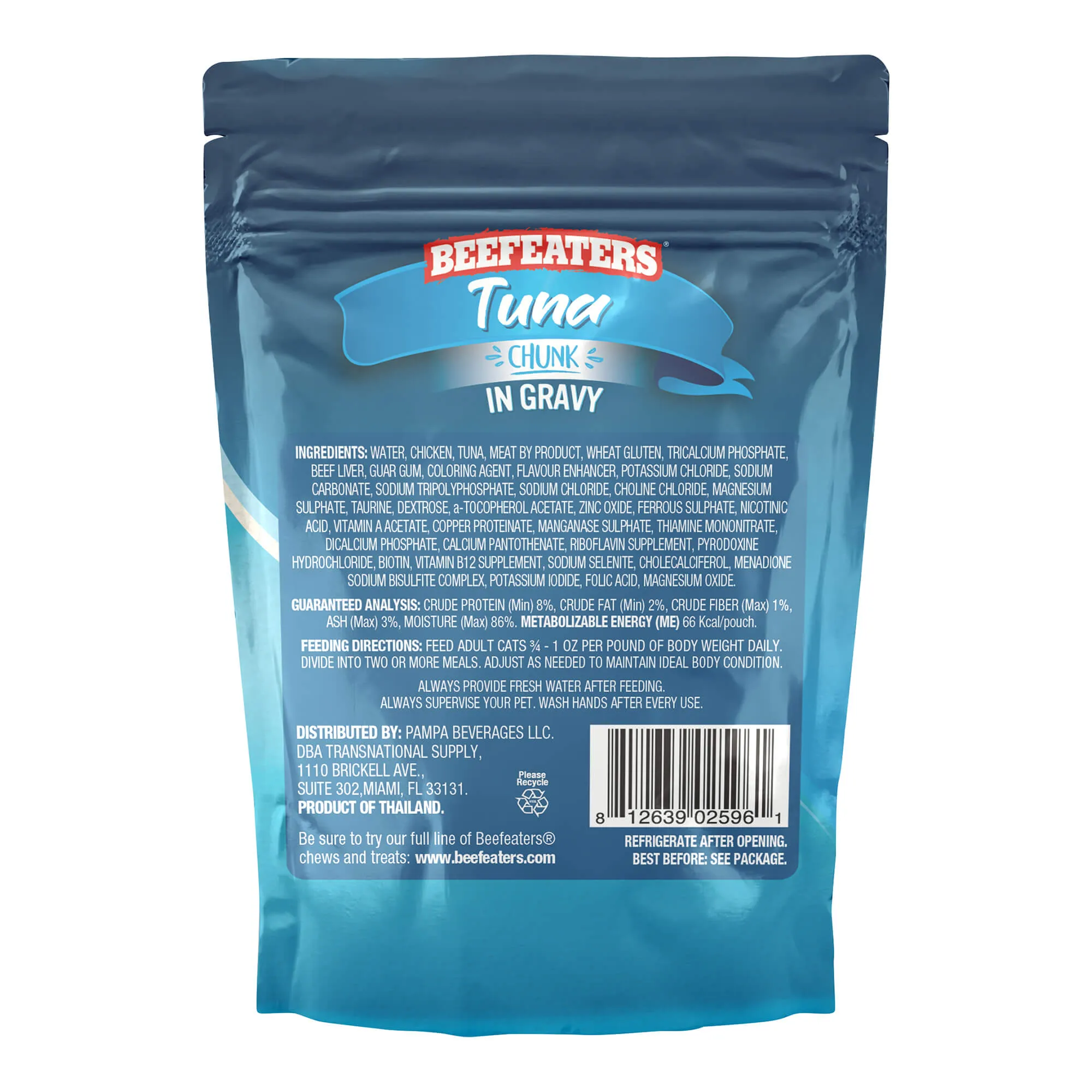 Beefeaters Wet Cat Food Pouch, Tuna Chunk in Gravy, 3 oz, Case of 24