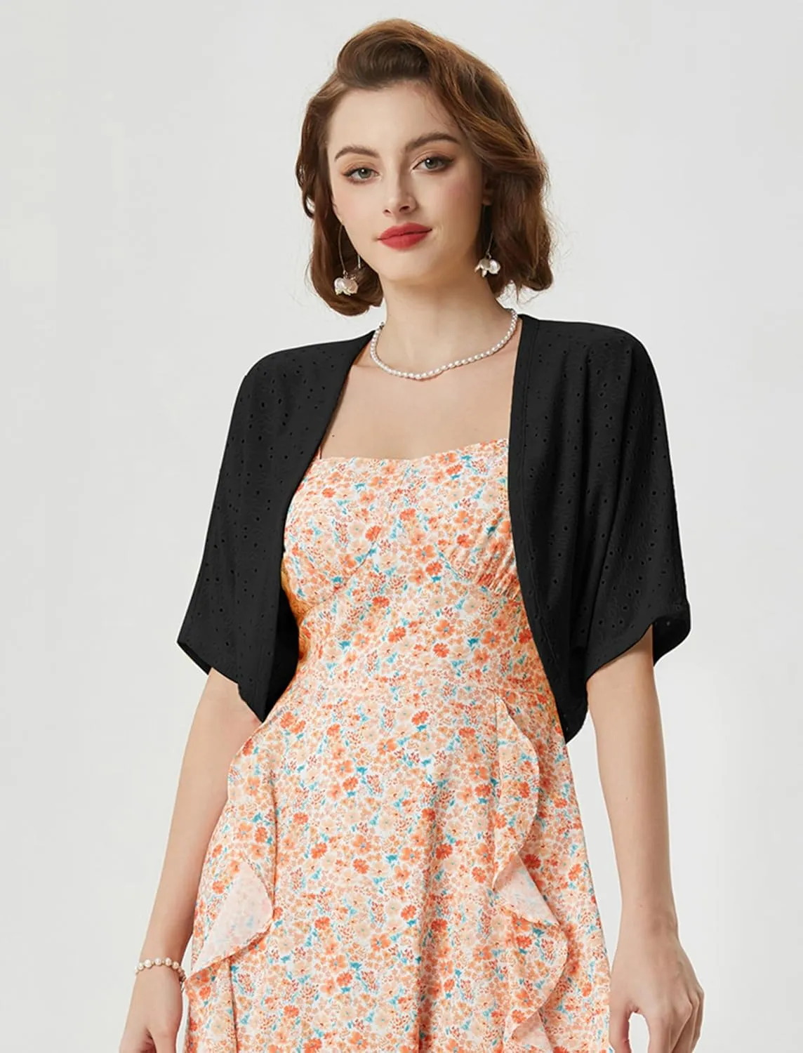 Belle Poque Women's Open Front Bolero Shrug Batwing Short Sleeve Cropped Cardigan Lightweight
