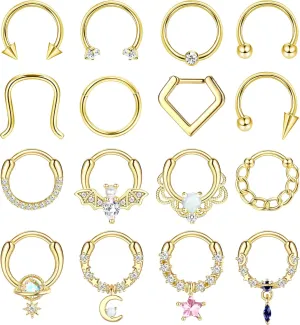 Besteel 16 Pcs Gold Septum Rings 16G Surgical Steel Nose Rings Hoops Small CZ Dangle Horseshoe Septum Clicker Piercing Jewelry Cute Lip Helix Daith Tragus Cartilage Earrings for Women Men 10MM