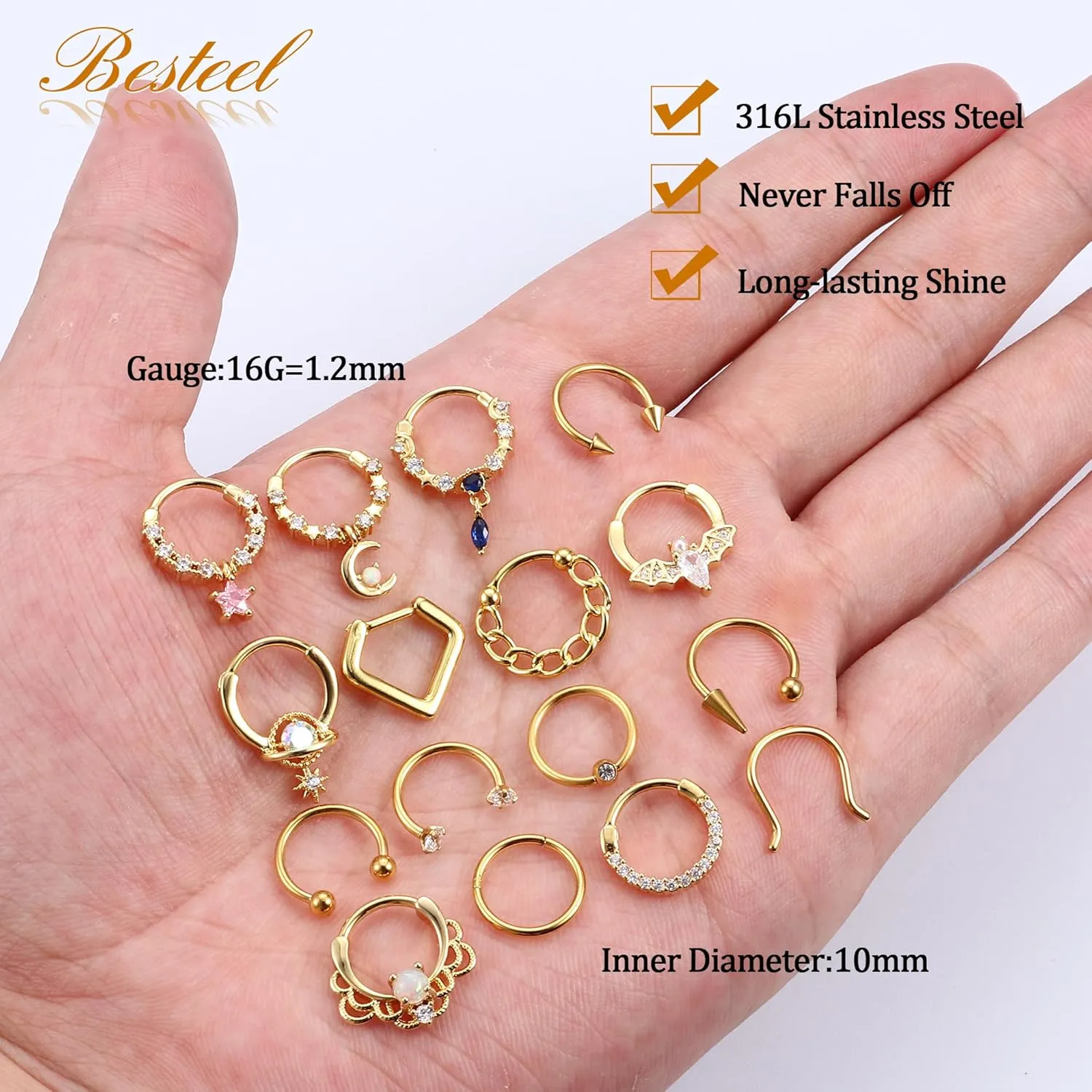 Besteel 16 Pcs Gold Septum Rings 16G Surgical Steel Nose Rings Hoops Small CZ Dangle Horseshoe Septum Clicker Piercing Jewelry Cute Lip Helix Daith Tragus Cartilage Earrings for Women Men 10MM