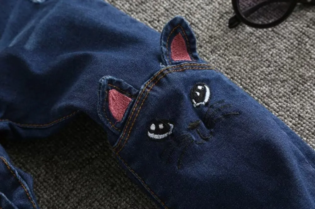 Big Girls Kids Distressed Ripped Hole Teens Jean Blue Cat Slim Denim Pants