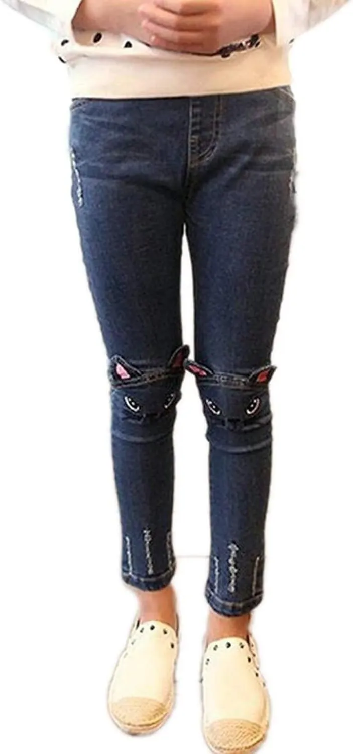 Big Girls Kids Distressed Ripped Hole Teens Jean Blue Cat Slim Denim Pants