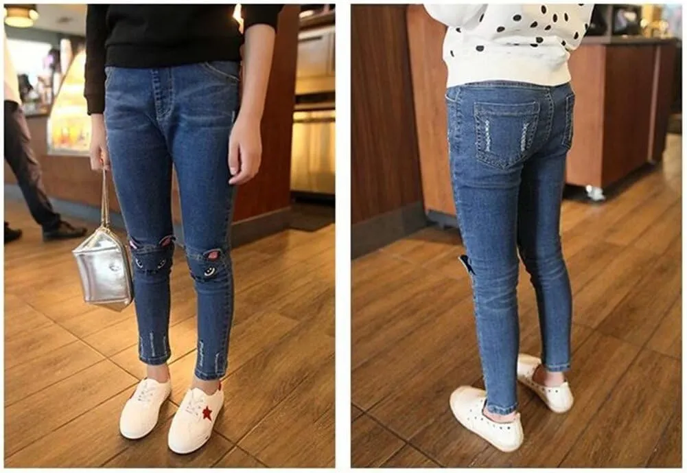 Big Girls Kids Distressed Ripped Hole Teens Jean Blue Cat Slim Denim Pants