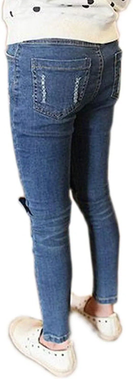 Big Girls Kids Distressed Ripped Hole Teens Jean Blue Cat Slim Denim Pants