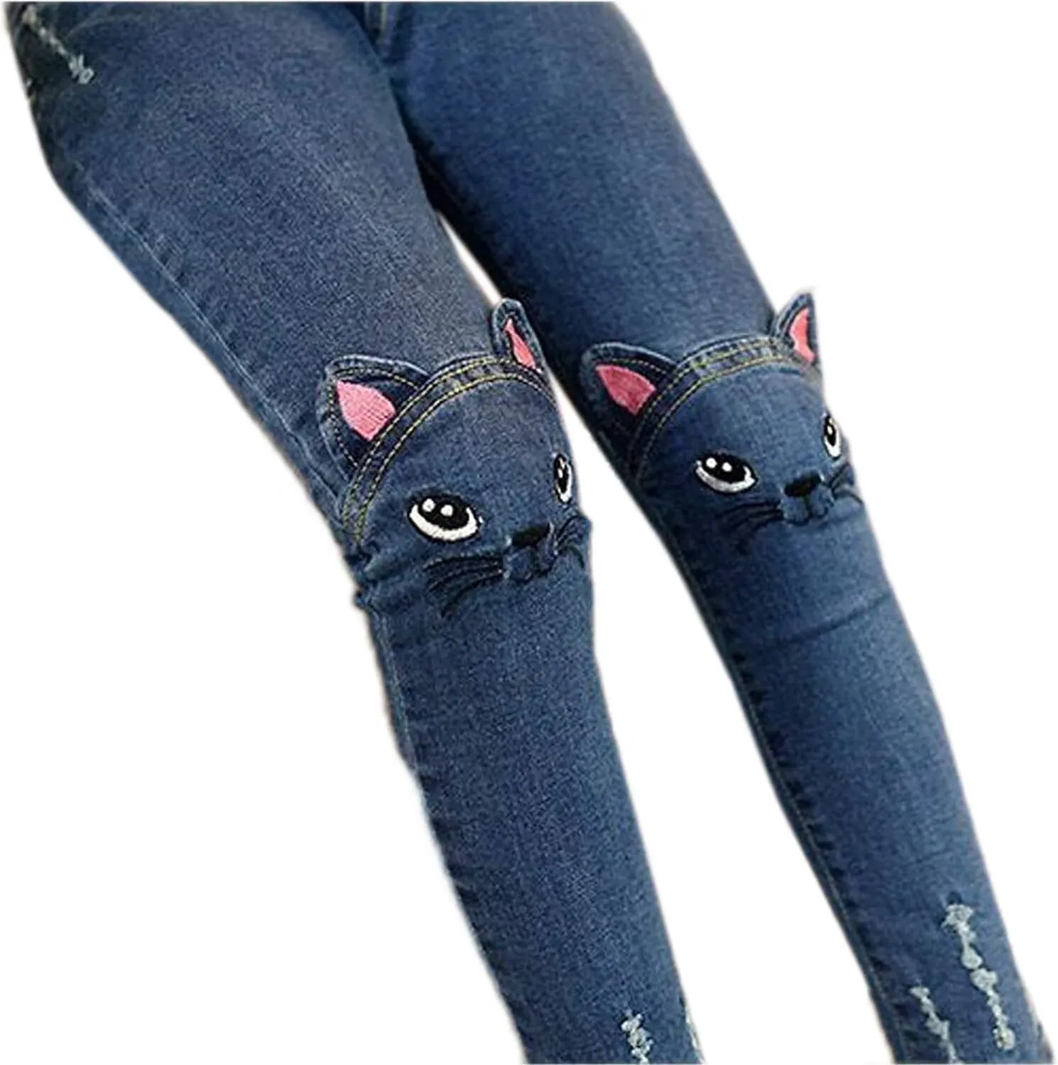 Big Girls Kids Distressed Ripped Hole Teens Jean Blue Cat Slim Denim Pants