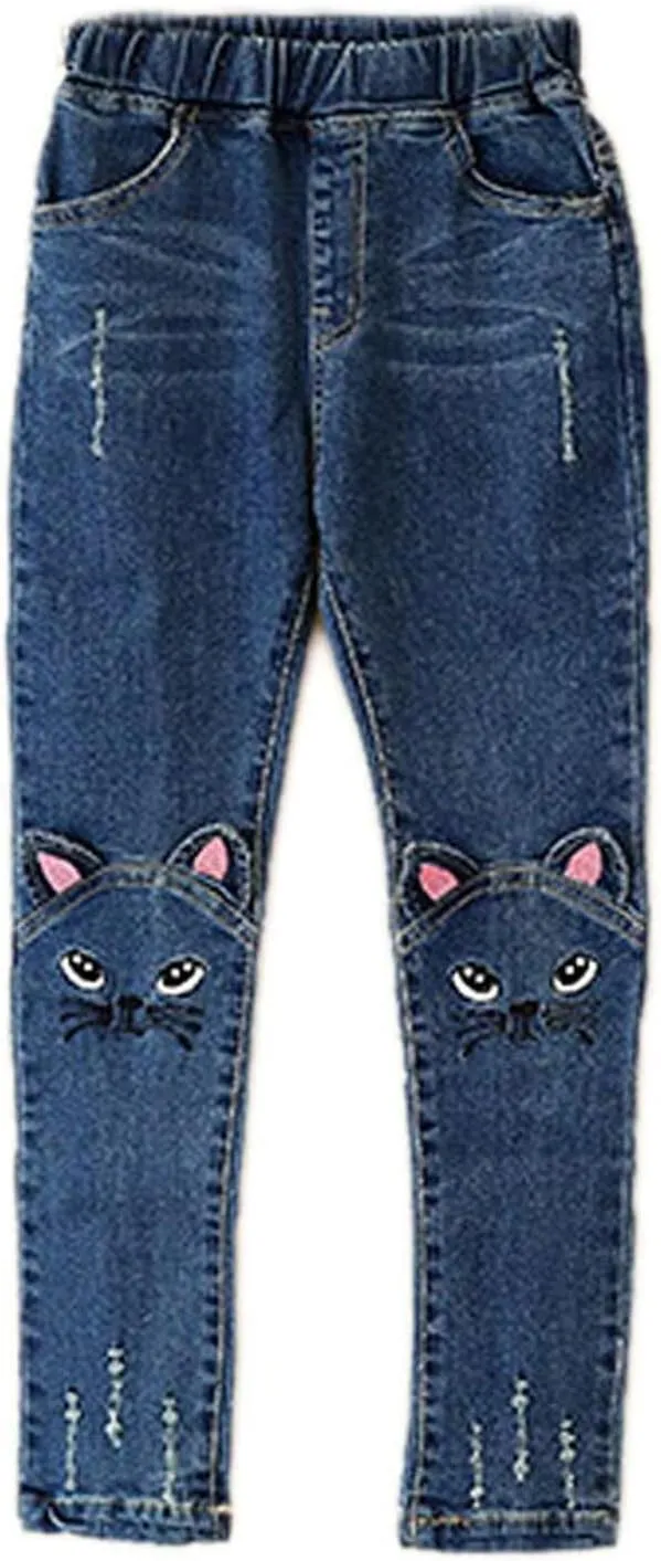 Big Girls Kids Distressed Ripped Hole Teens Jean Blue Cat Slim Denim Pants