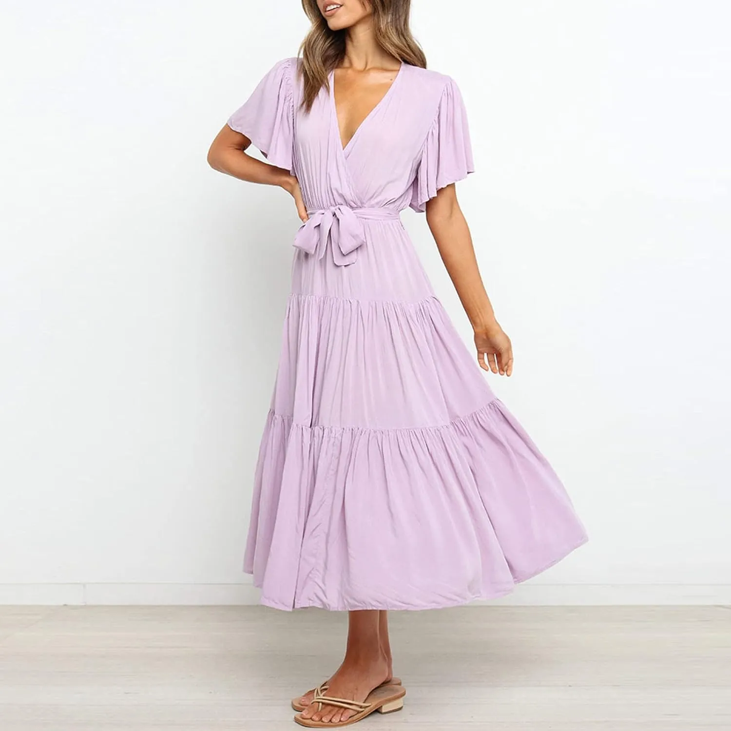 Binmer WomenS Summer Maxi Dresses Wrap V Neck Ruffle Short Sleeve Beach Dress Casual Flowy Tiered Vacation Sundress W/Pocket