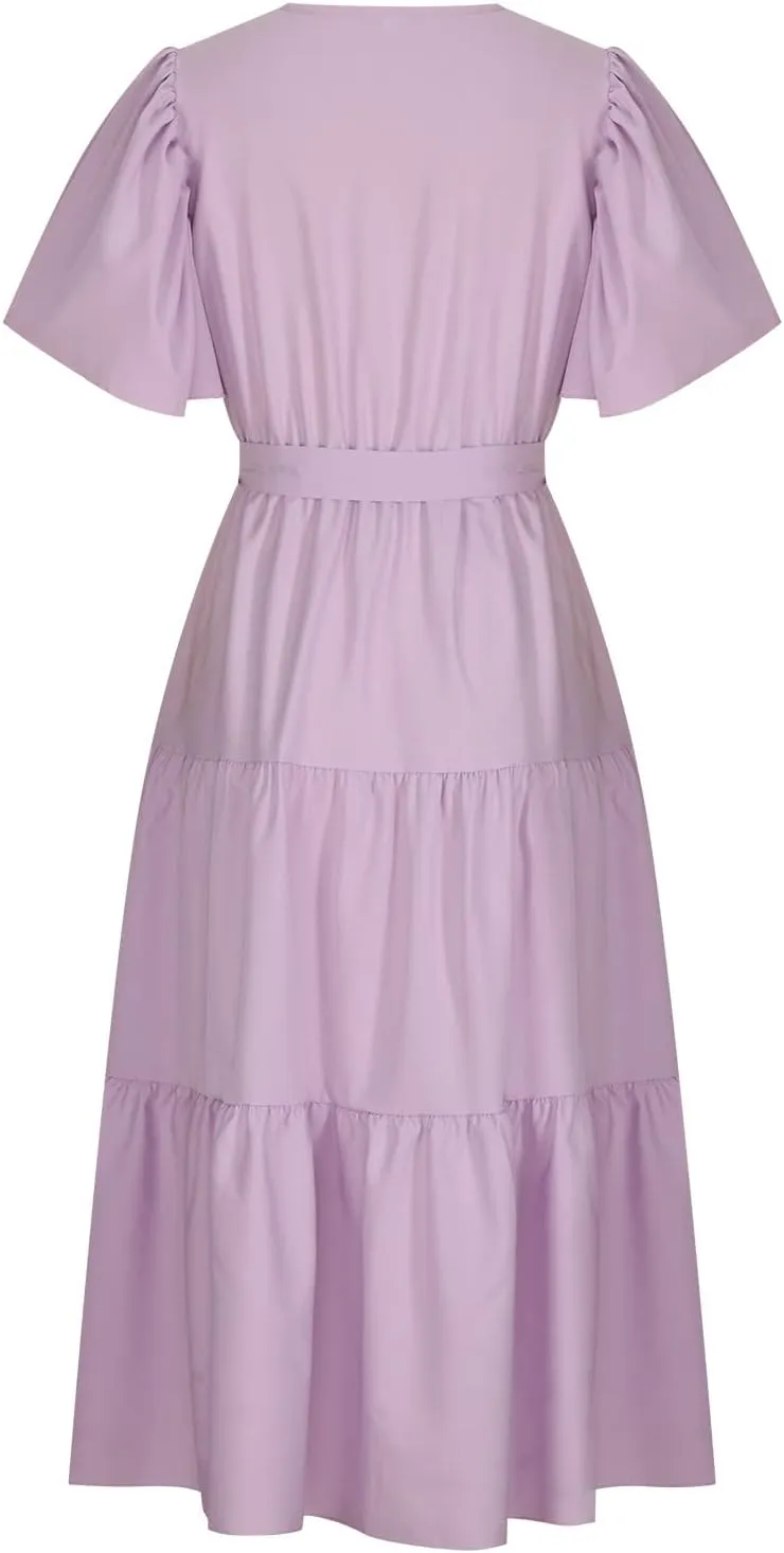 Binmer WomenS Summer Maxi Dresses Wrap V Neck Ruffle Short Sleeve Beach Dress Casual Flowy Tiered Vacation Sundress W/Pocket