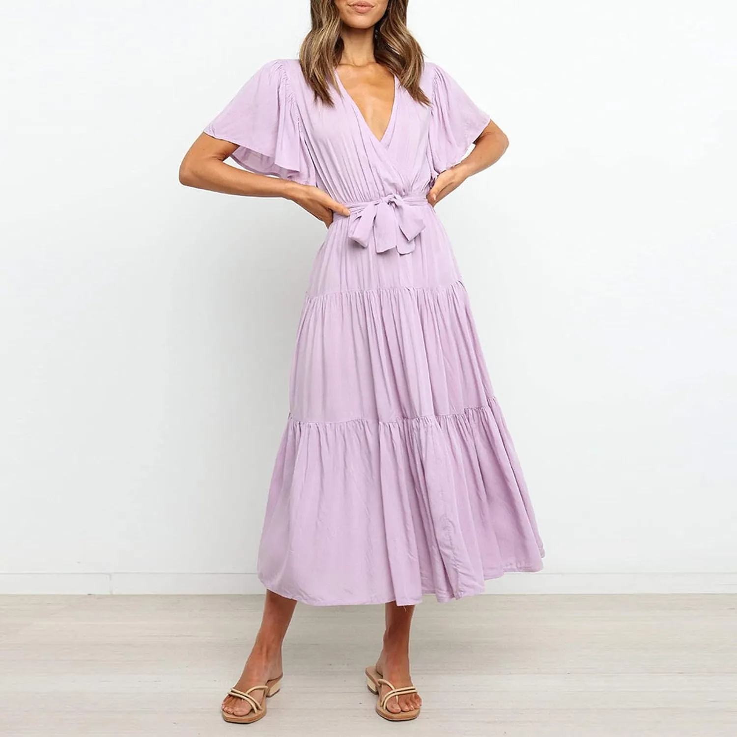 Binmer WomenS Summer Maxi Dresses Wrap V Neck Ruffle Short Sleeve Beach Dress Casual Flowy Tiered Vacation Sundress W/Pocket