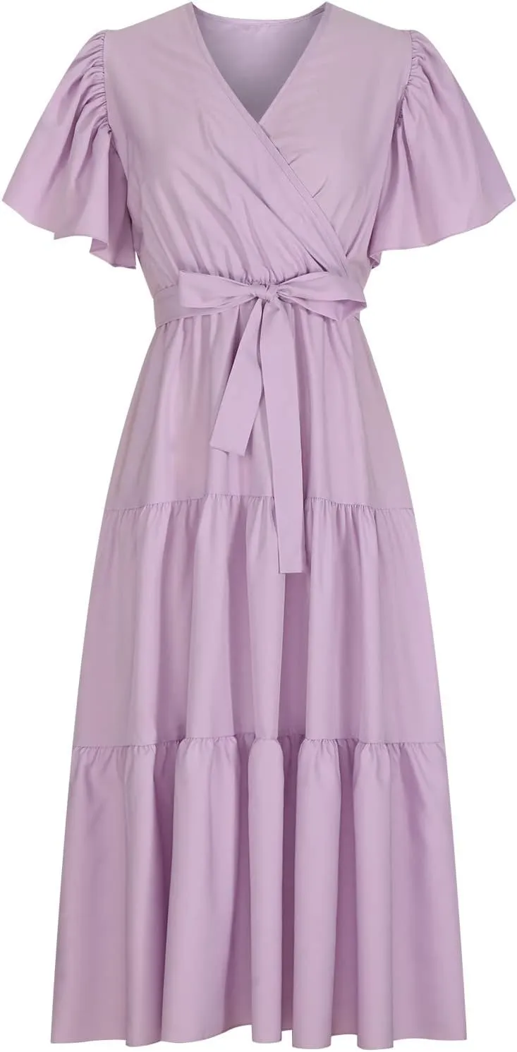 Binmer WomenS Summer Maxi Dresses Wrap V Neck Ruffle Short Sleeve Beach Dress Casual Flowy Tiered Vacation Sundress W/Pocket