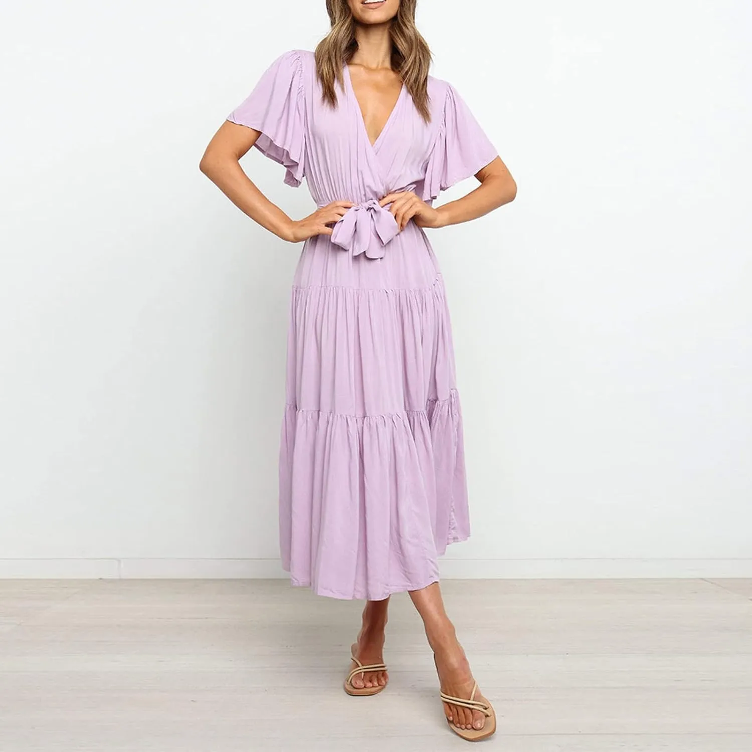 Binmer WomenS Summer Maxi Dresses Wrap V Neck Ruffle Short Sleeve Beach Dress Casual Flowy Tiered Vacation Sundress W/Pocket