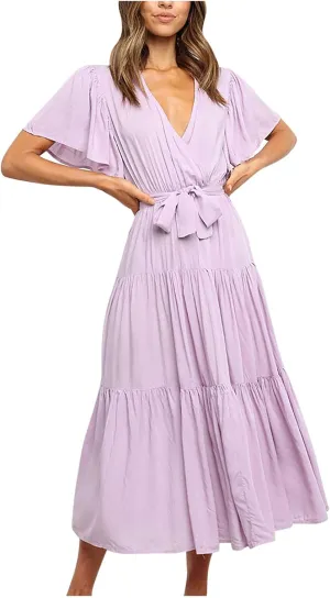 Binmer WomenS Summer Maxi Dresses Wrap V Neck Ruffle Short Sleeve Beach Dress Casual Flowy Tiered Vacation Sundress W/Pocket