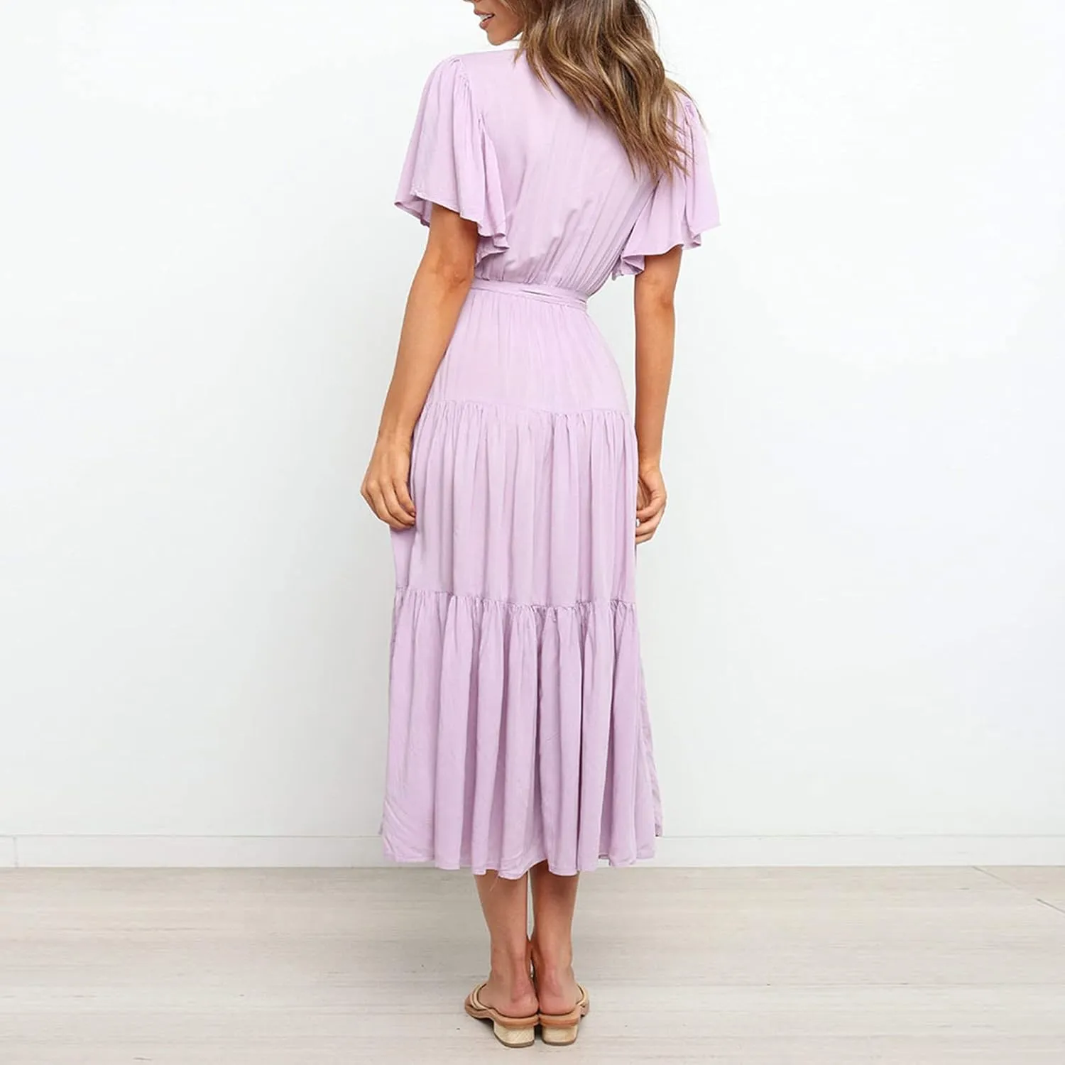 Binmer WomenS Summer Maxi Dresses Wrap V Neck Ruffle Short Sleeve Beach Dress Casual Flowy Tiered Vacation Sundress W/Pocket