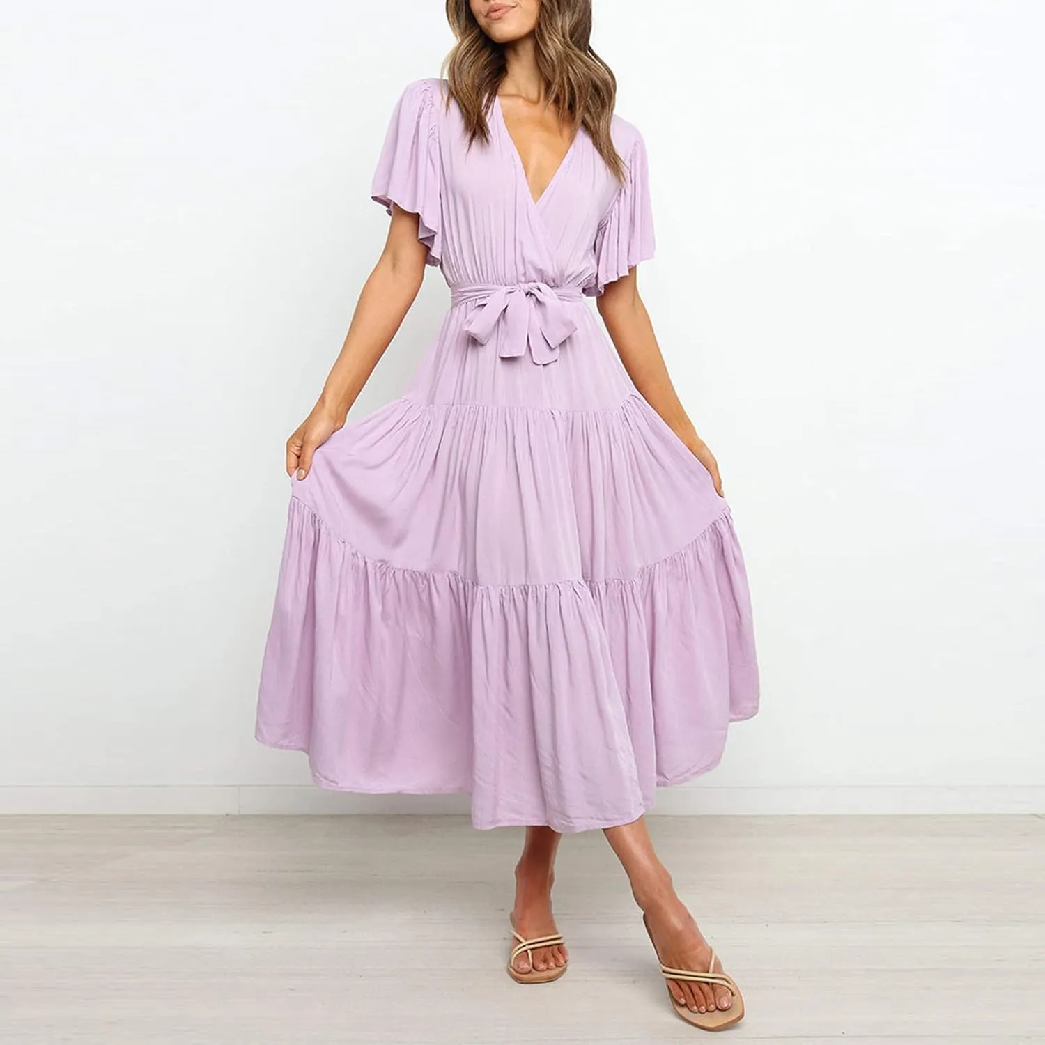 Binmer WomenS Summer Maxi Dresses Wrap V Neck Ruffle Short Sleeve Beach Dress Casual Flowy Tiered Vacation Sundress W/Pocket