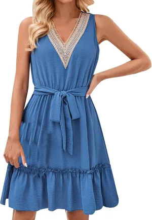 Boho Dresses for Women 2025 Summer Casual V Neck Short Dress Cotton Elastic Waist Sundress Smocked Flowy Tank Dress