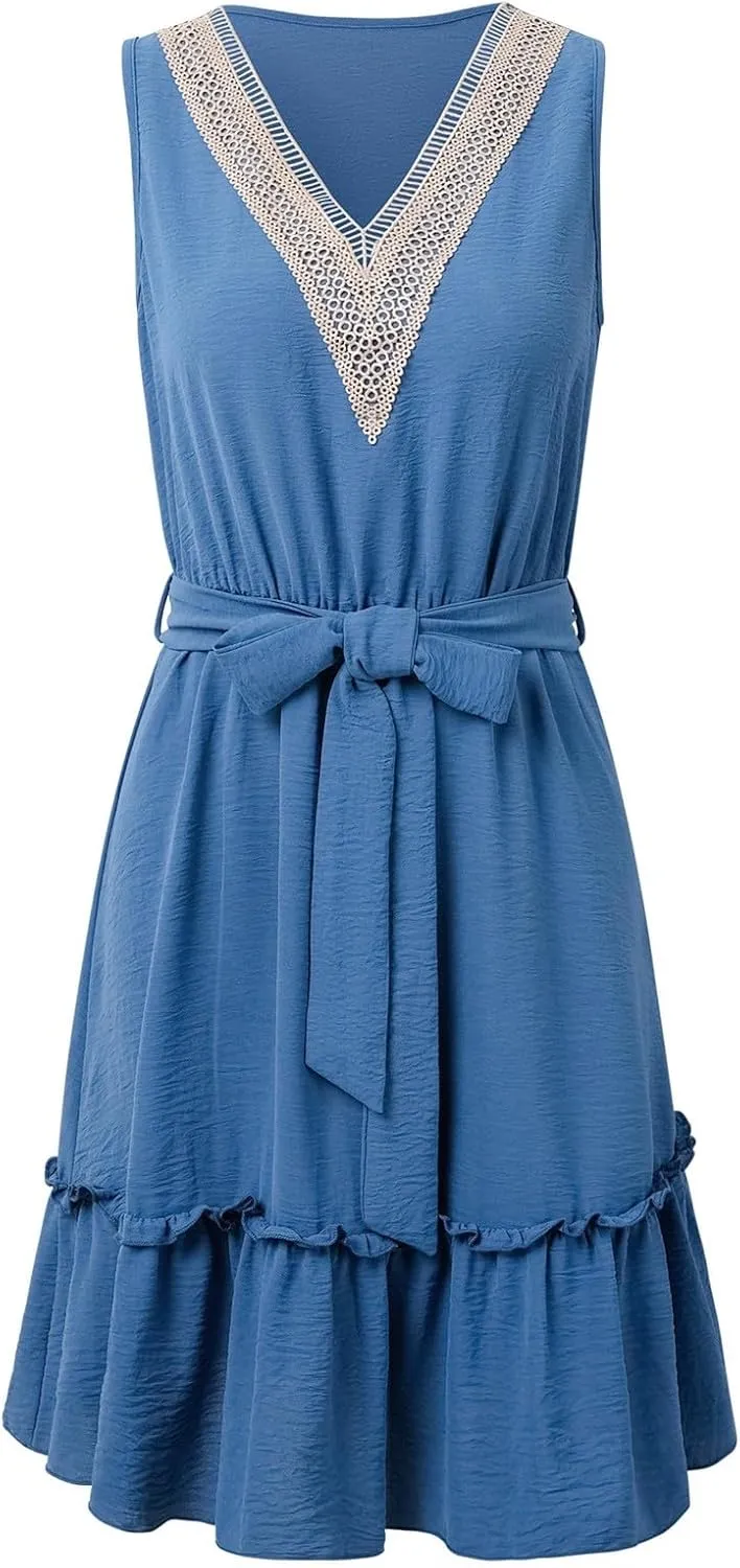 Boho Dresses for Women 2025 Summer Casual V Neck Short Dress Cotton Elastic Waist Sundress Smocked Flowy Tank Dress