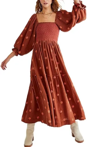 Boho Floral Puff Sleeve Dresses for Women 2024 Y2k Embroidered Flowy Smocked Maxi Dress Square Neck Beach Sundress