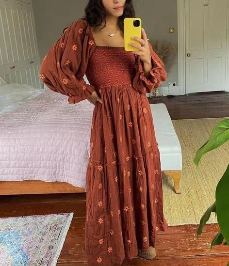 Boho Floral Puff Sleeve Dresses for Women 2024 Y2k Embroidered Flowy Smocked Maxi Dress Square Neck Beach Sundress