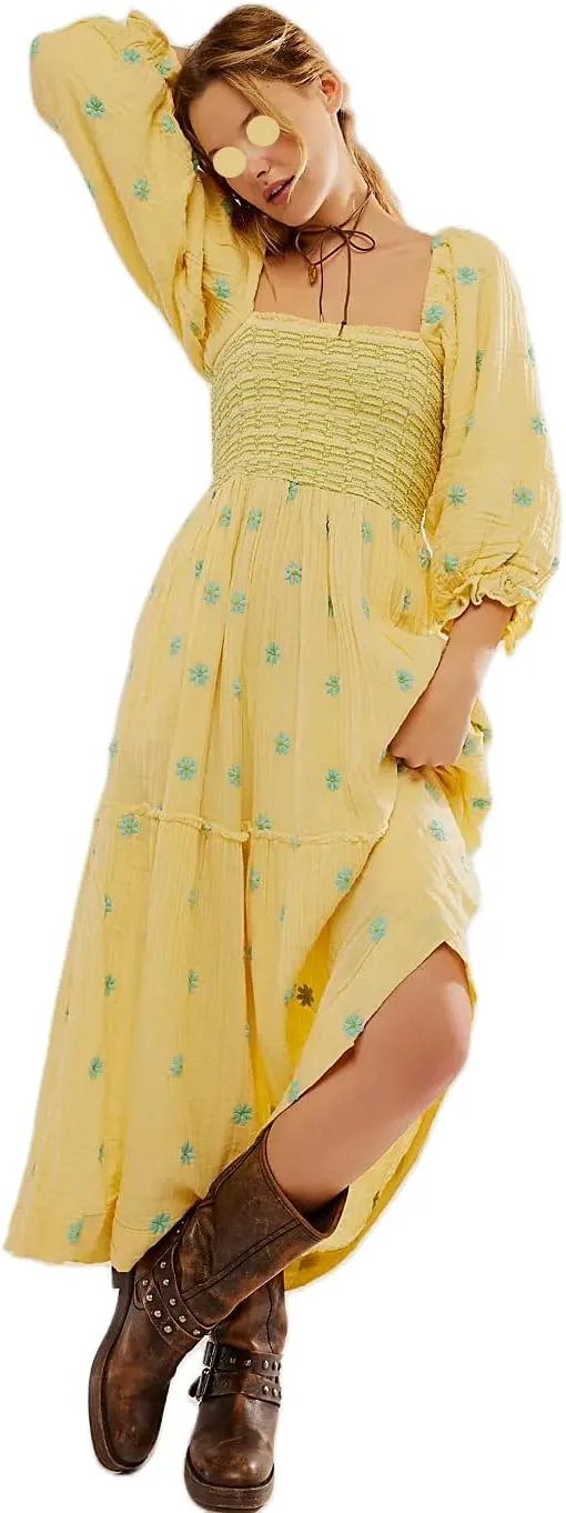 Boho Floral Puff Sleeve Dresses for Women 2024 Y2k Embroidered Flowy Smocked Maxi Dress Square Neck Beach Sundress