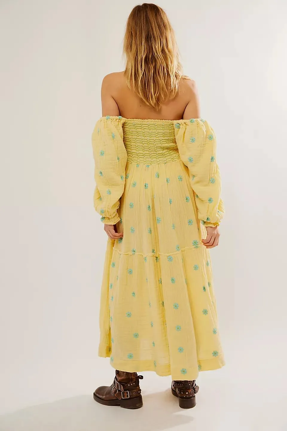 Boho Floral Puff Sleeve Dresses for Women 2024 Y2k Embroidered Flowy Smocked Maxi Dress Square Neck Beach Sundress
