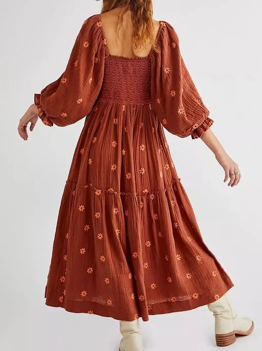 Boho Floral Puff Sleeve Dresses for Women 2024 Y2k Embroidered Flowy Smocked Maxi Dress Square Neck Beach Sundress
