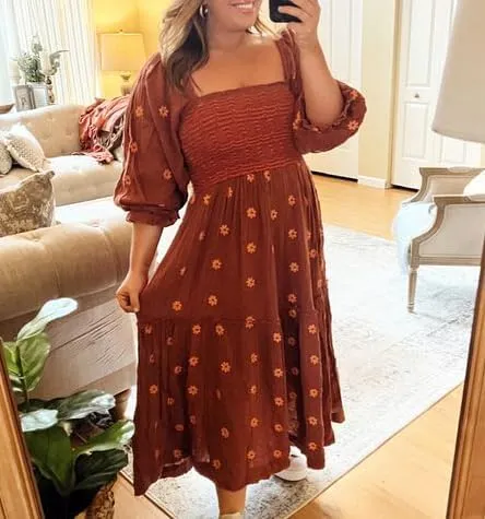 Boho Floral Puff Sleeve Dresses for Women 2024 Y2k Embroidered Flowy Smocked Maxi Dress Square Neck Beach Sundress