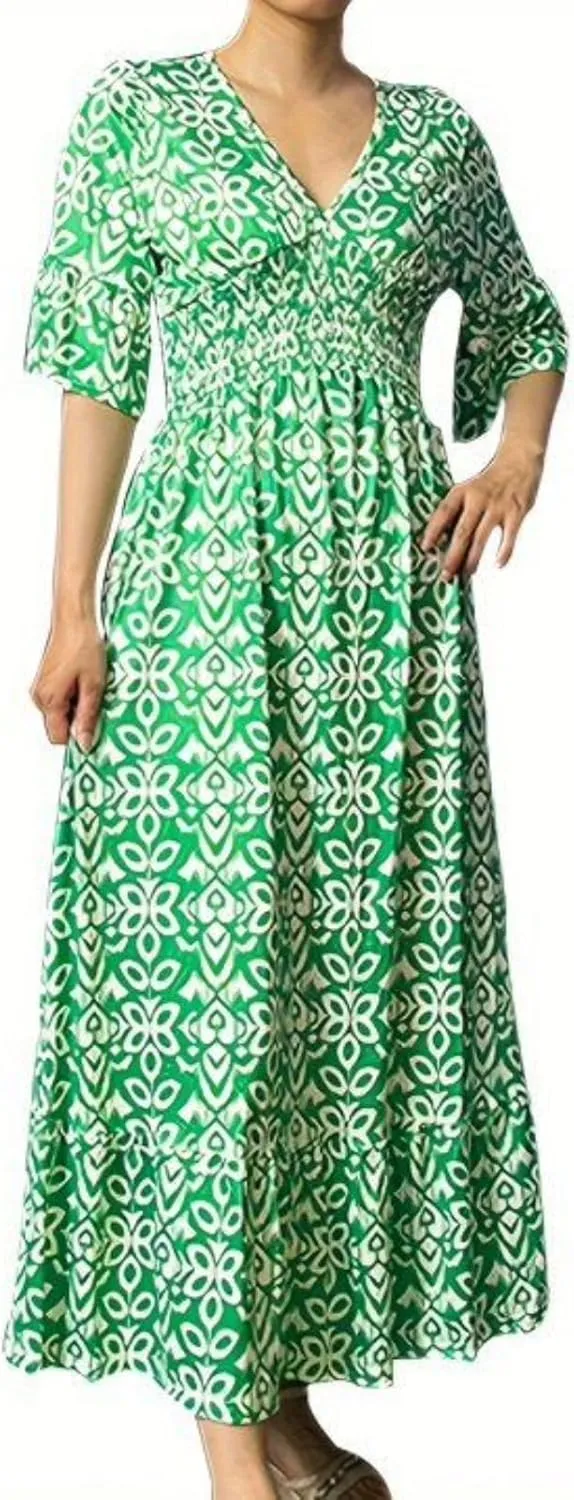 Boho Print Dresses for Women Floral V-Neck Short Sleeve Summer Maxi Dress 2024 Casual Waist Wrap Long Dress Plus Size