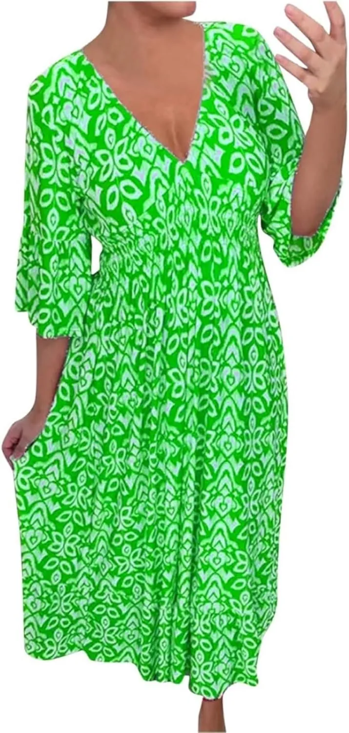 Boho Print Dresses for Women Floral V-Neck Short Sleeve Summer Maxi Dress 2024 Casual Waist Wrap Long Dress Plus Size