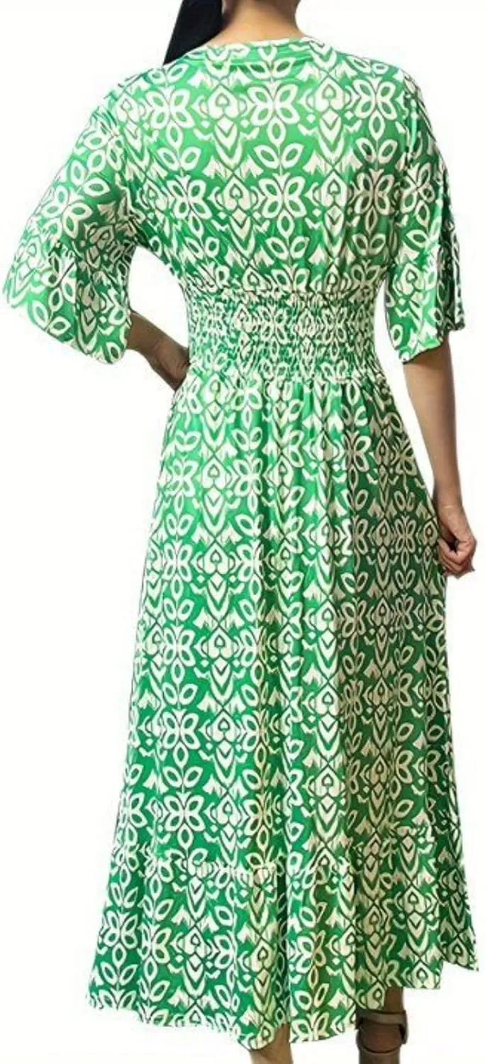 Boho Print Dresses for Women Floral V-Neck Short Sleeve Summer Maxi Dress 2024 Casual Waist Wrap Long Dress Plus Size