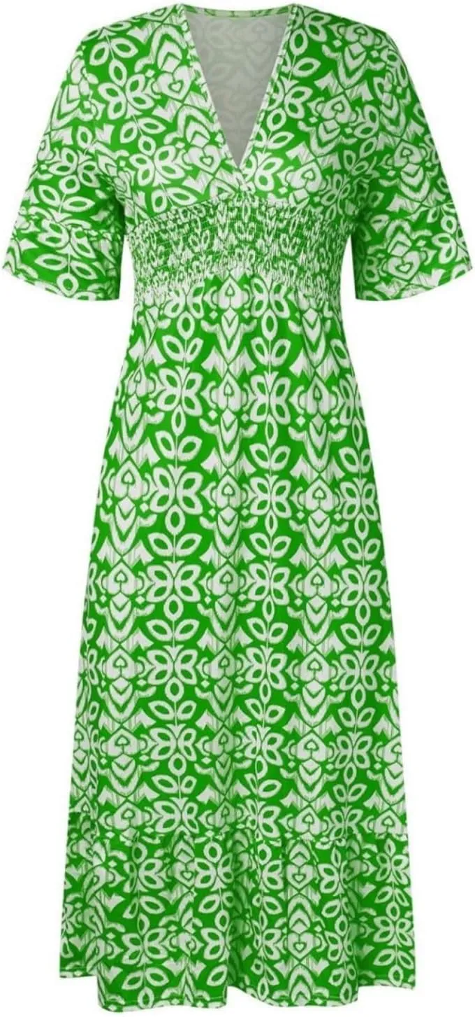 Boho Print Dresses for Women Floral V-Neck Short Sleeve Summer Maxi Dress 2024 Casual Waist Wrap Long Dress Plus Size