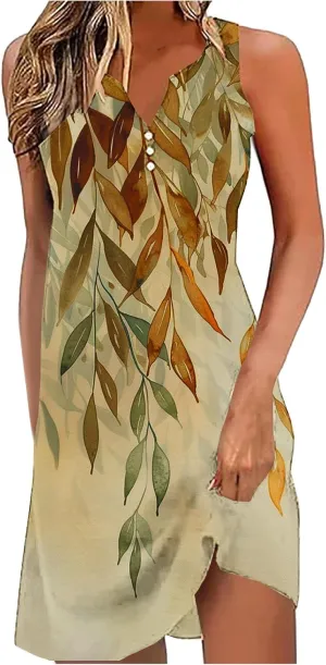 Boho Sundress for Women Summer Casual Loose Button Up Sleeveless Tank Dress Beach Vacation Retro Floral Mini Dresses