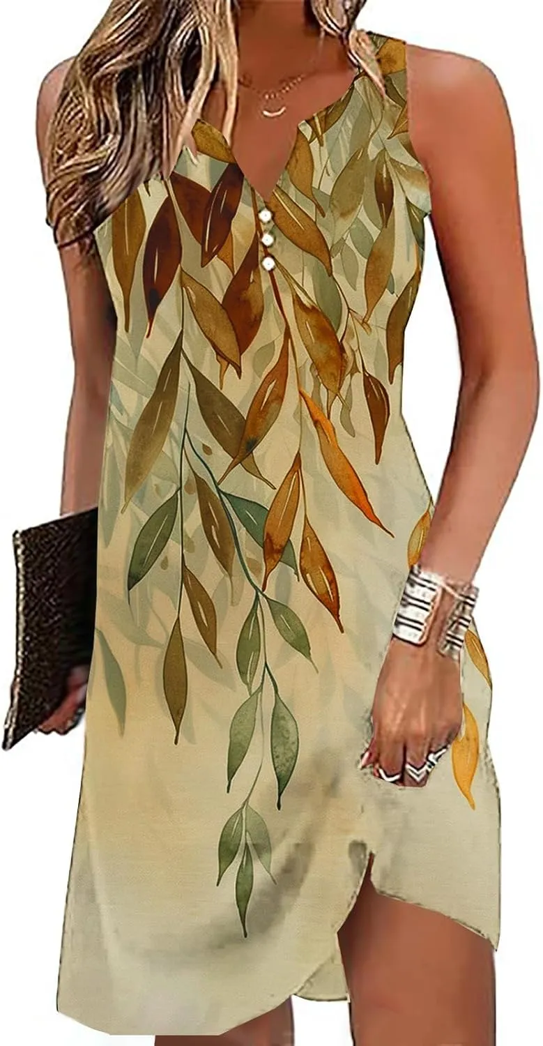 Boho Sundress for Women Summer Casual Loose Button Up Sleeveless Tank Dress Beach Vacation Retro Floral Mini Dresses