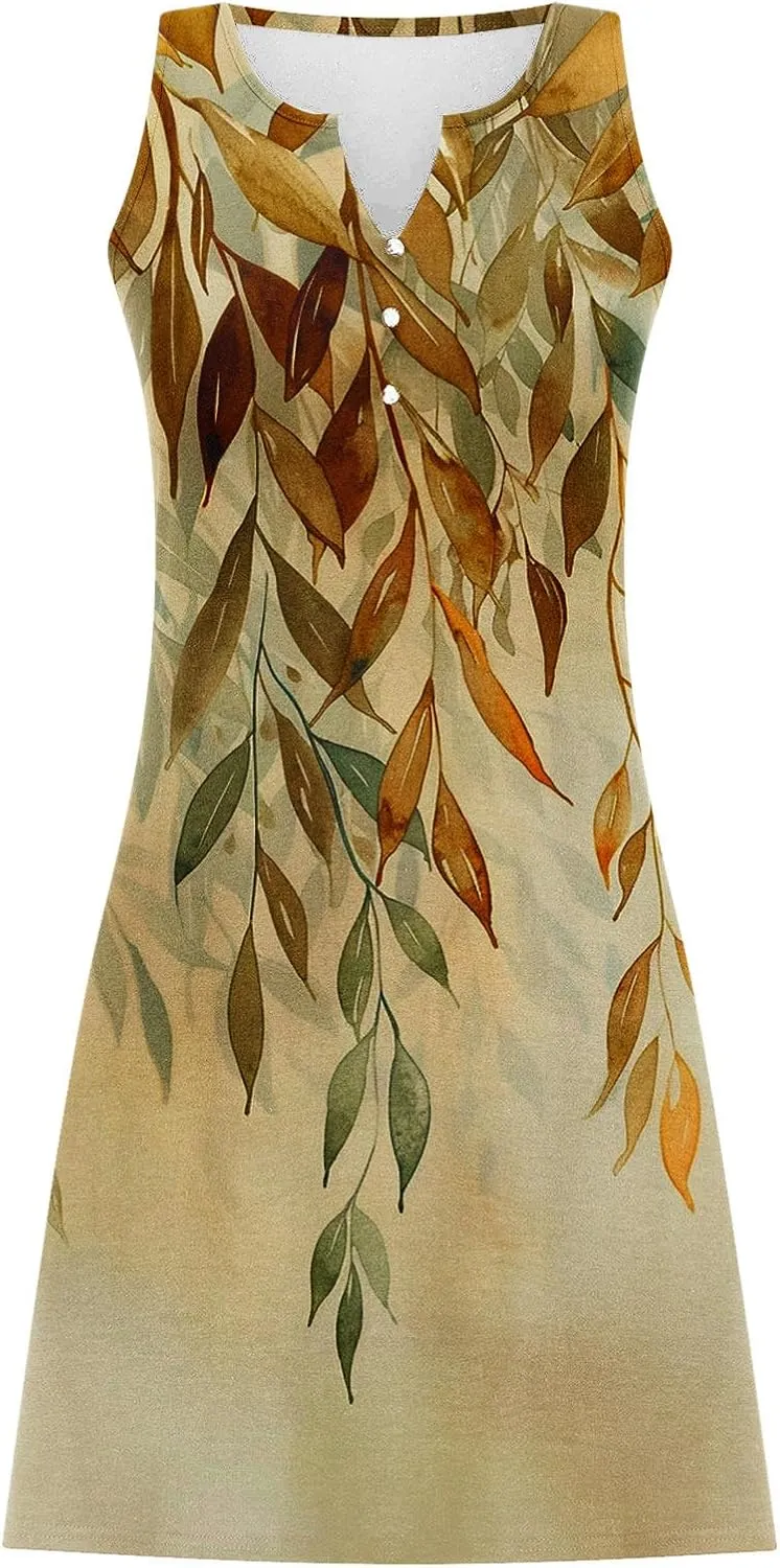 Boho Sundress for Women Summer Casual Loose Button Up Sleeveless Tank Dress Beach Vacation Retro Floral Mini Dresses