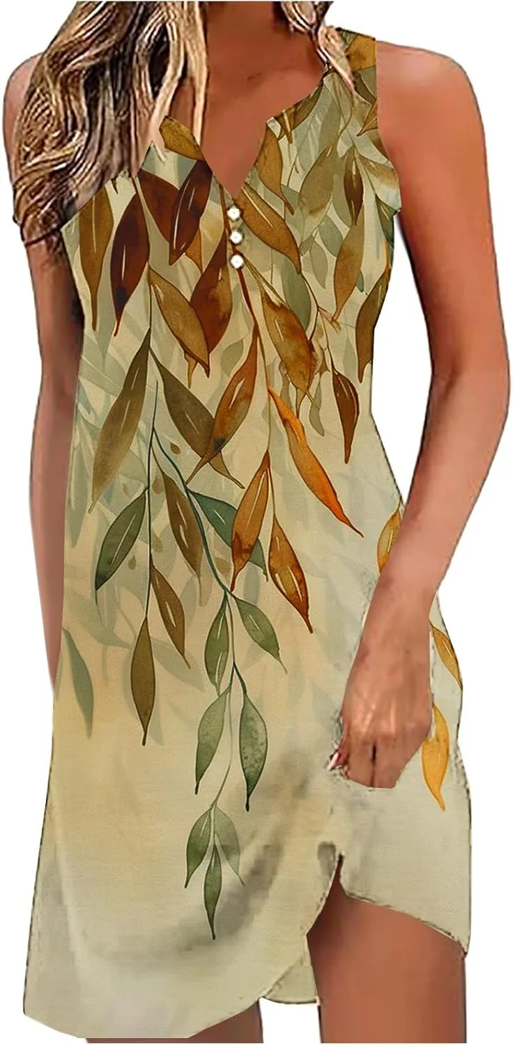 Boho Sundress for Women Summer Casual Loose Button Up Sleeveless Tank Dress Beach Vacation Retro Floral Mini Dresses