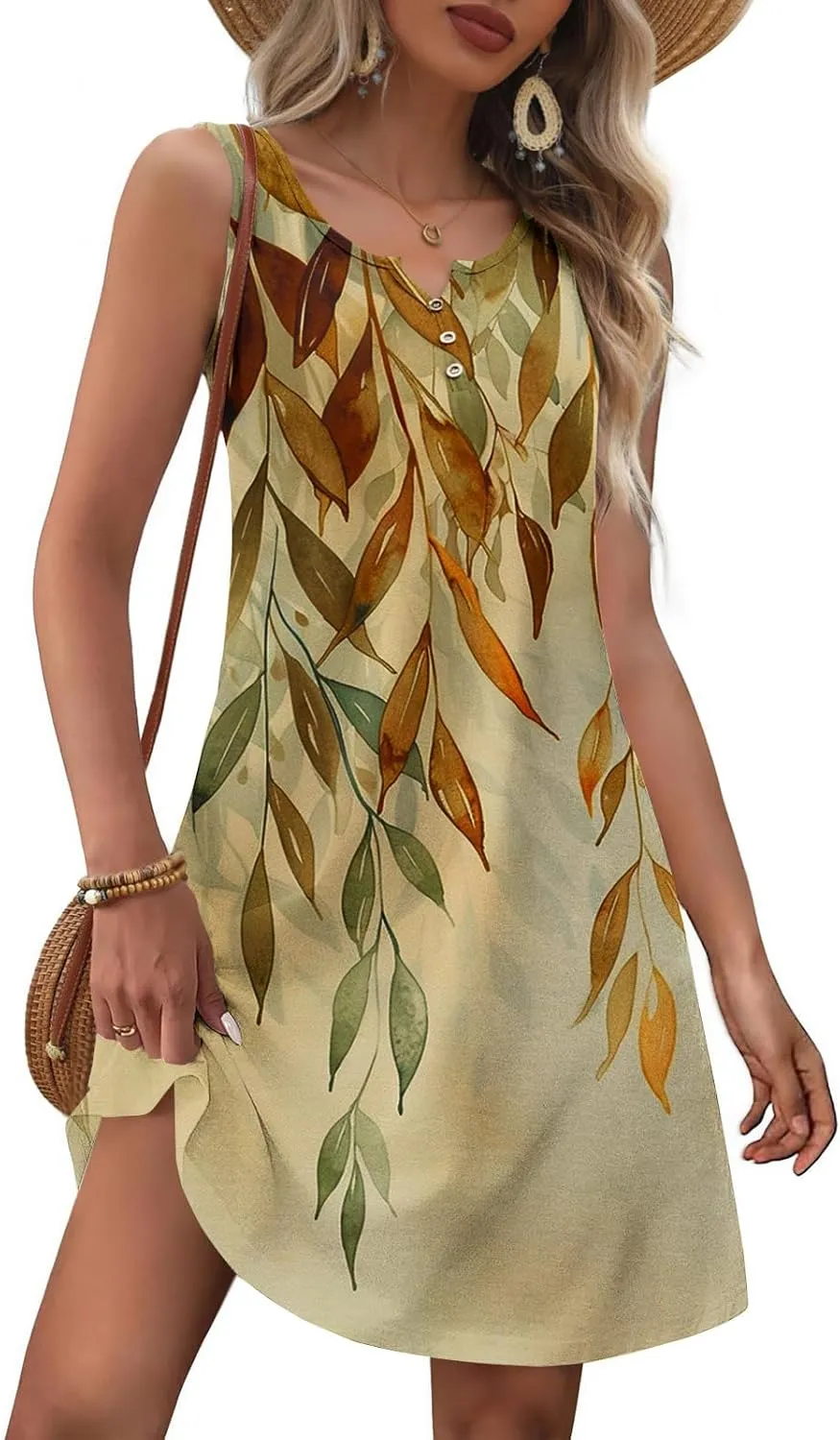 Boho Sundress for Women Summer Casual Loose Button Up Sleeveless Tank Dress Beach Vacation Retro Floral Mini Dresses