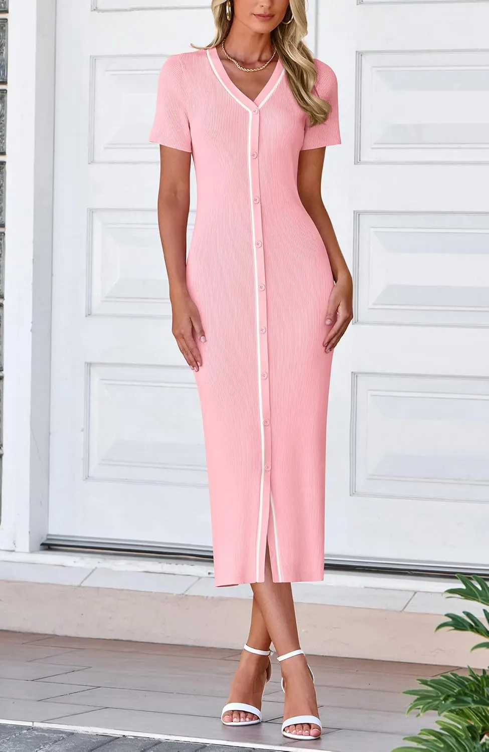 BTFBM Casual Women Spring Dresses 2025 Knit Bodycon Sweater Summer Dress Decorative Button V Neck Long Dress