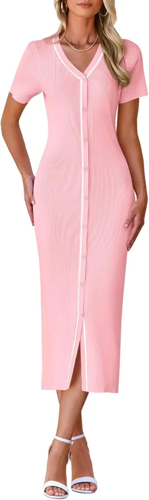 BTFBM Casual Women Spring Dresses 2025 Knit Bodycon Sweater Summer Dress Decorative Button V Neck Long Dress