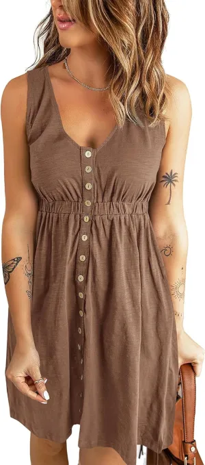 BTFBM Women Sleeveless Summer Dress 2025 Crewneck Ribbed Knit Ruffle Swing Button Down Beach Sun Mini Tank Short Dresses